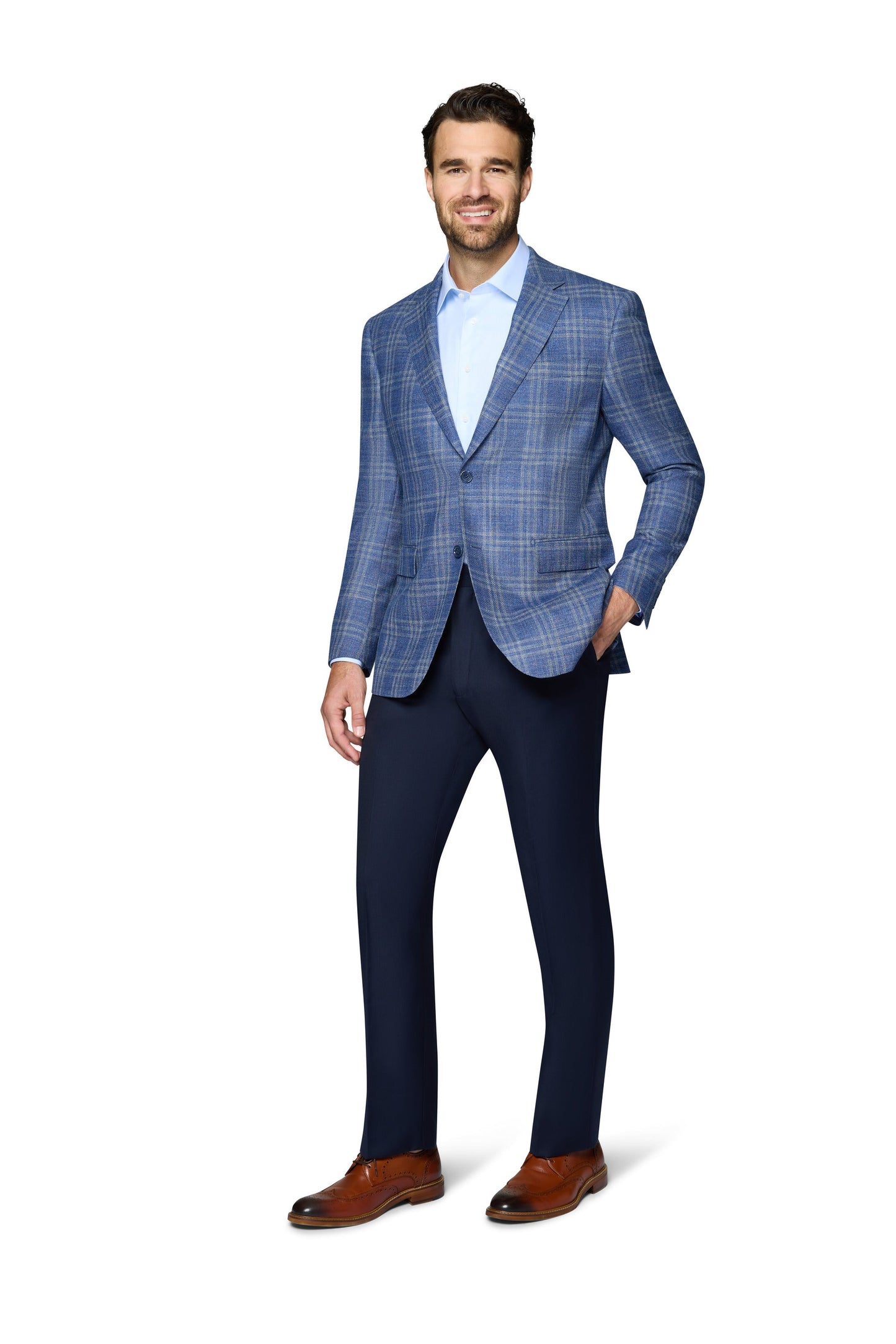 Bergamo Elegant 100% SUPER 110 Wool Sport Coat Modern Fit - Blue Plaid