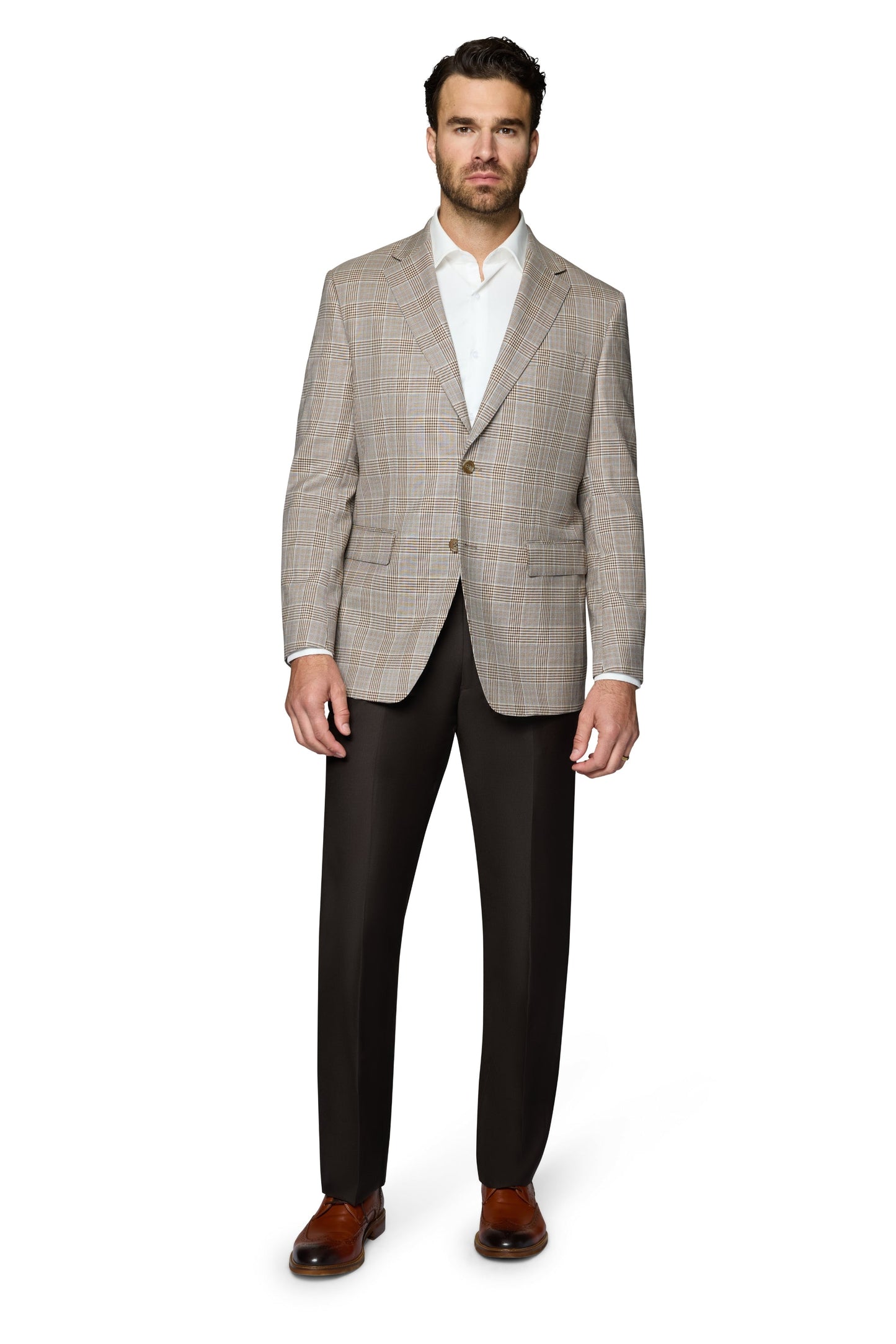 Bergamo Elegant 100% SUPER 110 Wool Sport Coat Modern Fit - Tan Plaid