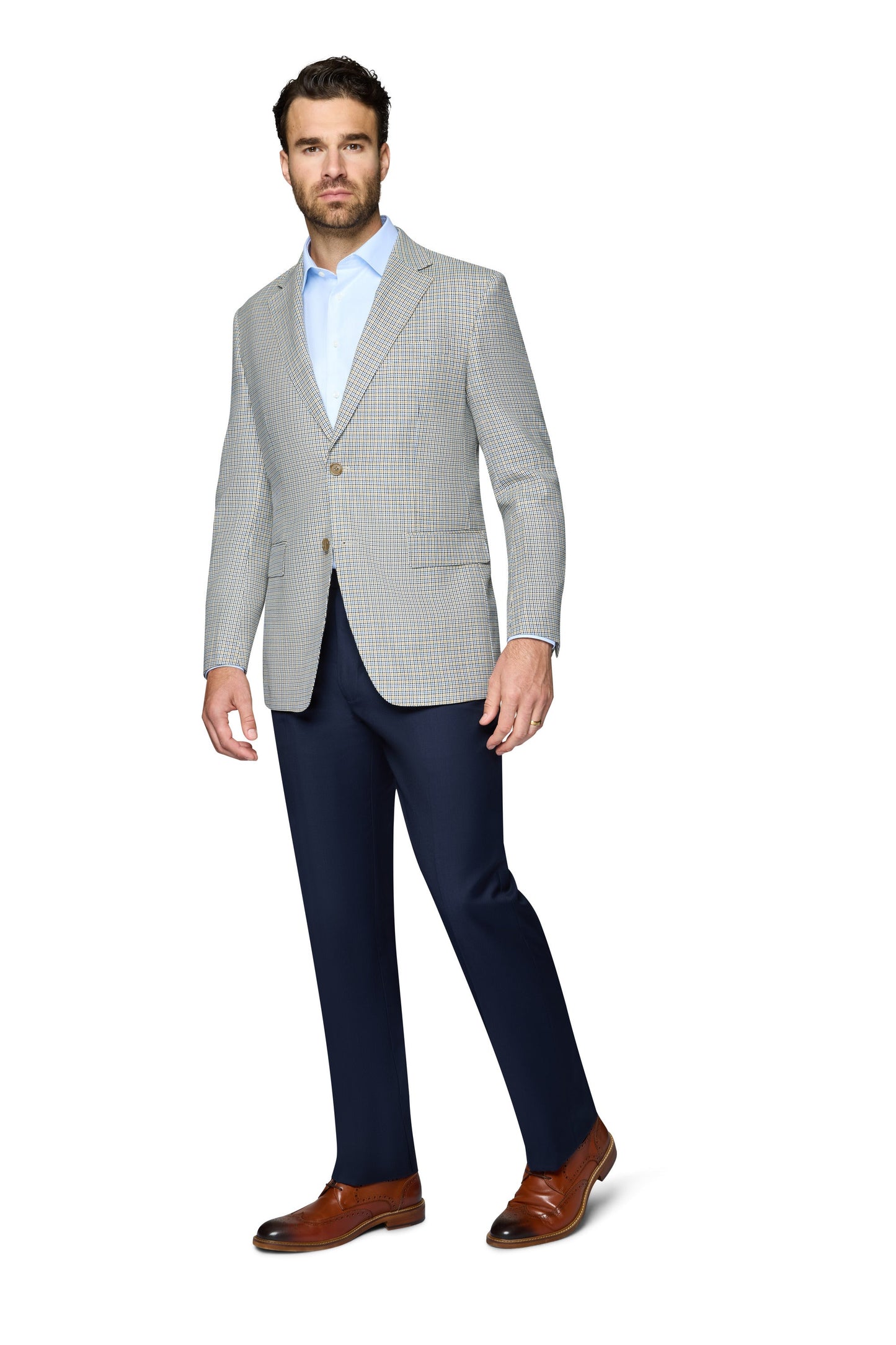 Bergamo Elegant 100% SUPER 110 Wool Sport Coat Modern Fit - Blue & Tan Check